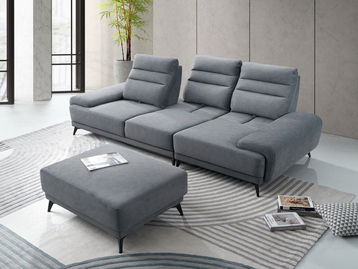 Model 3675 three-seater sofa with push-back reclining backrests and stool